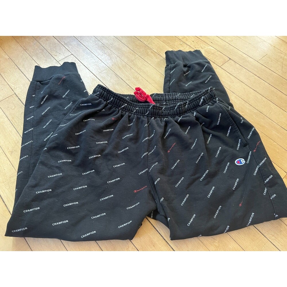 HTF Champion Pants Mens XL Black Jogger Sweatpants Logo Drawstring Gym Active